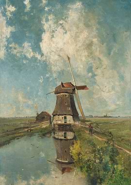 Dutch Windmill Landscape Painting