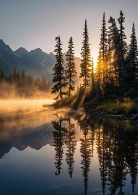 Sunrise Misty Forest Lake