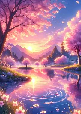 Pink Blossom Lake Sunset Landscape