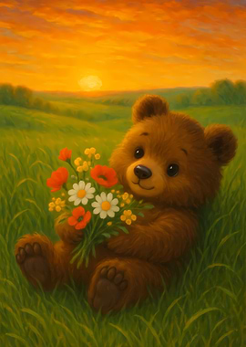 Teddy Bear with Flowers at Sunset