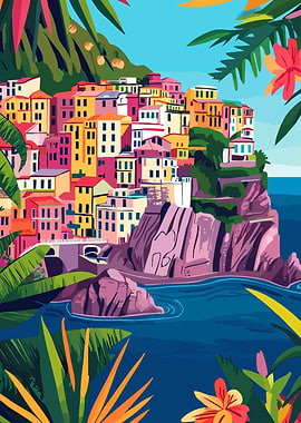 Colorful Italy Coastal Village Abstract Illustration Minimalist Art