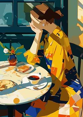 Woman at Cafe with Breakfast