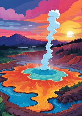 Rotorua Geothermal Area Cartoon Illustration