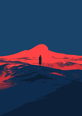 Calm Silhouette Red Winter Sunset Landscape Inspirational Minimalist Art Illustration