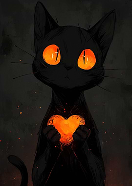 Black Cat Holding Glowing Heart