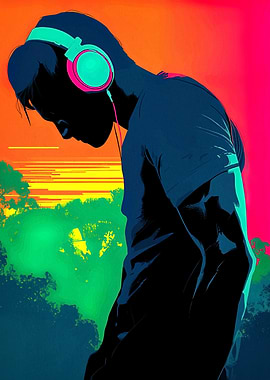 Man with Headphones in Colorful Landscape