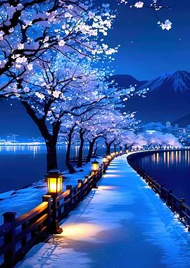 Blue Cherry Blossom Path at Night