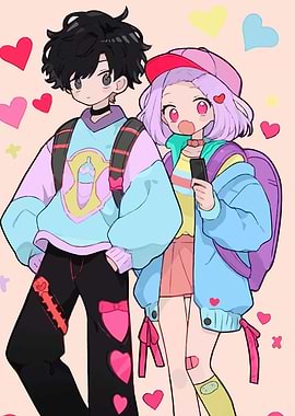 Anime-style couple with hearts background