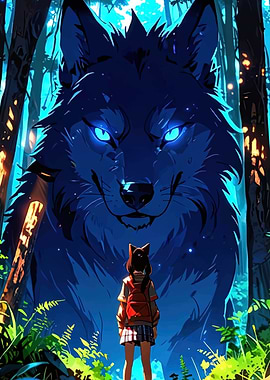 Anime Girl and Giant Wolf in Forest