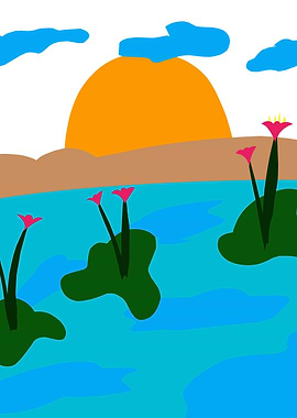 Stylized Sunset Over Water Lilies