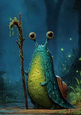 Anthropomorphic Snail with Staff in Forest