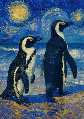 Penguins in Starry Night Style