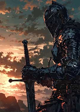 Armored Knight with Sword at Sunset