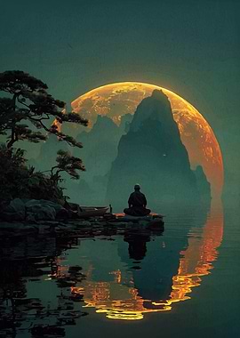 Meditating Figure by Lake with Moon