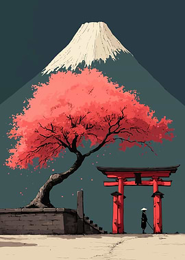 Japanese Landscape with Mount Fuji and Torii