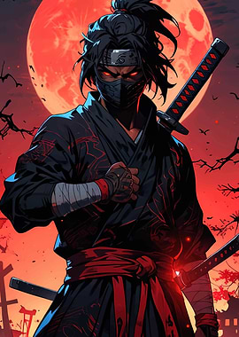 Ninja Warrior with Red Moon