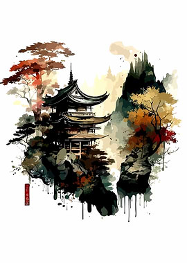 Japanese Pagoda Watercolor Landscape