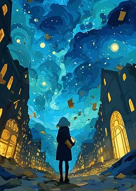 Girl in Cityscape with Flying Books