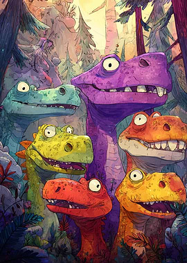 Cartoon Dinosaurs in Forest Illustration