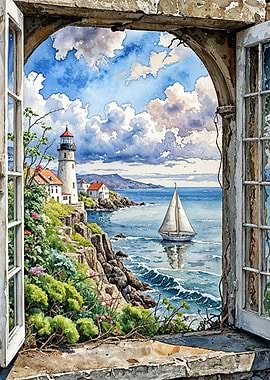 Coastal View Through Open Window