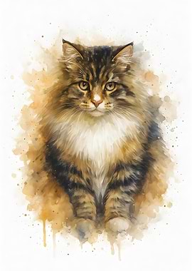 Watercolor Portrait of a Fluffy Cat