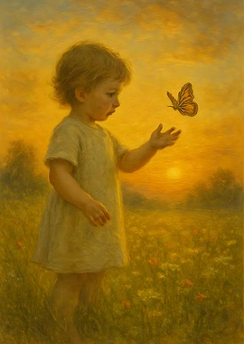 Child with Butterfly at Sunset.