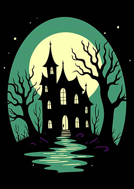 Spooky Haunted House Under Full Moon