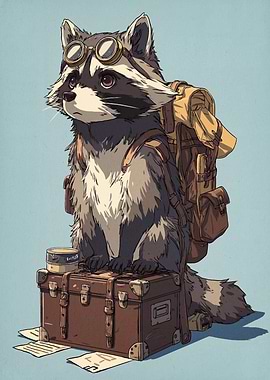 Adventurous Raccoon with Backpack and Goggles