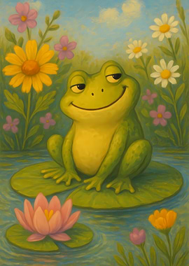 Smiling Frog on Lily Pad Painting