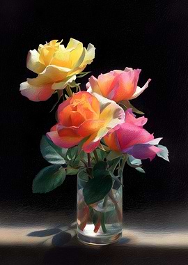 Colorful Roses In Glass Vase