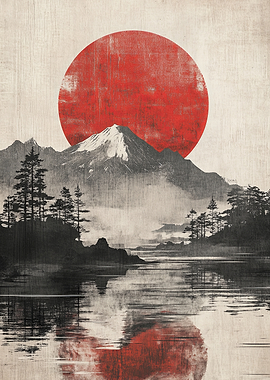 Japanese Landscape with Red Sun