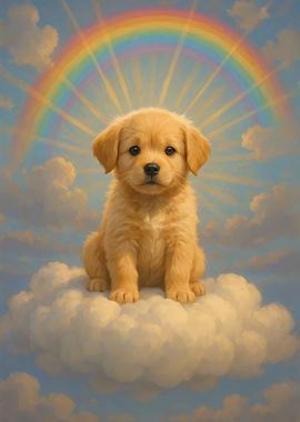 Golden Retriever Puppy on Cloud with Rainbow