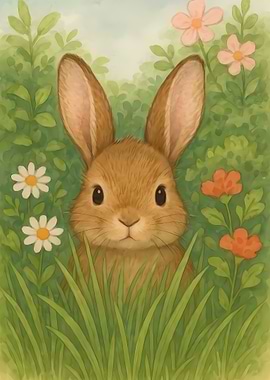 Watercolor Bunny in a Flower Garden