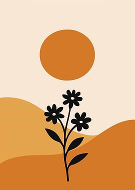 Minimalist Floral Landscape with Sun