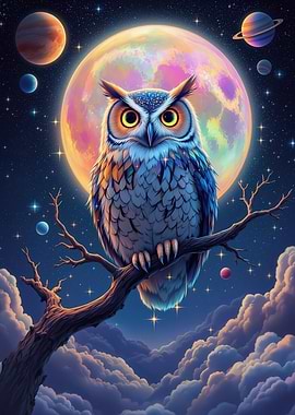 Cosmic Owl Perched on Branch
