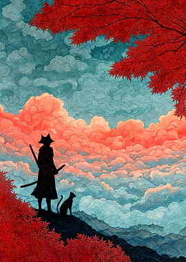 Samurai and Cat in Autumn Landscape