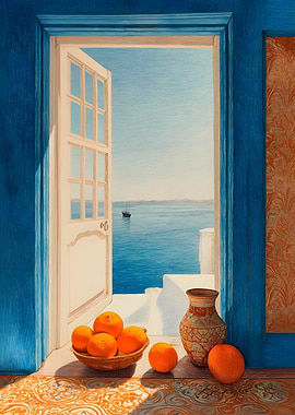 Open Door To Sea With Oranges