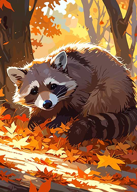 Raccoon in Autumn Leaves