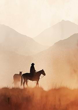 Cowboy and Horses in Mountain Landscape