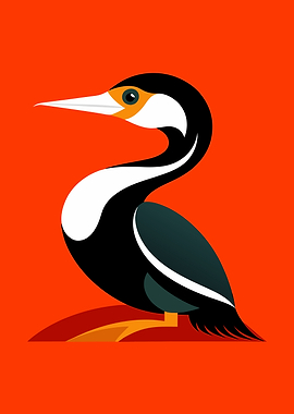 Stylized Cormorant Illustration on Orange Background
