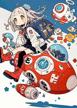 Anime Girl on Futuristic Red Vehicle