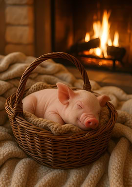 Sleeping Piglet in Basket by Fireplace