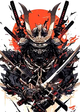 Samurai Warrior with Swords and Sun