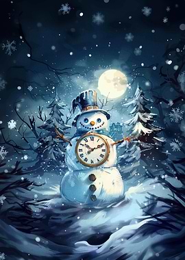 Snowman with Clock in Winter Scene