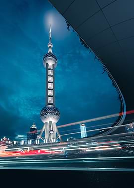 Oriental Pearl Tower at Night with Light Trails