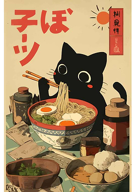 Black Cat Eating Ramen