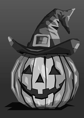 Grayscale Halloween Pumpkin with Witch Hat