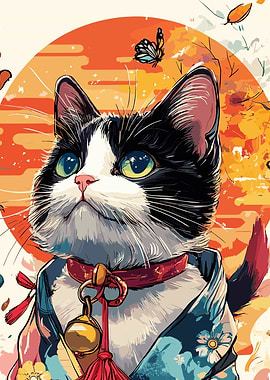 Cat in Kimono with Butterfly