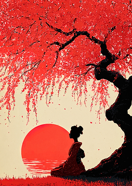 Japanese Woman Under Cherry Blossom Tree