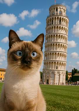 Siamese Cat with Leaning Tower